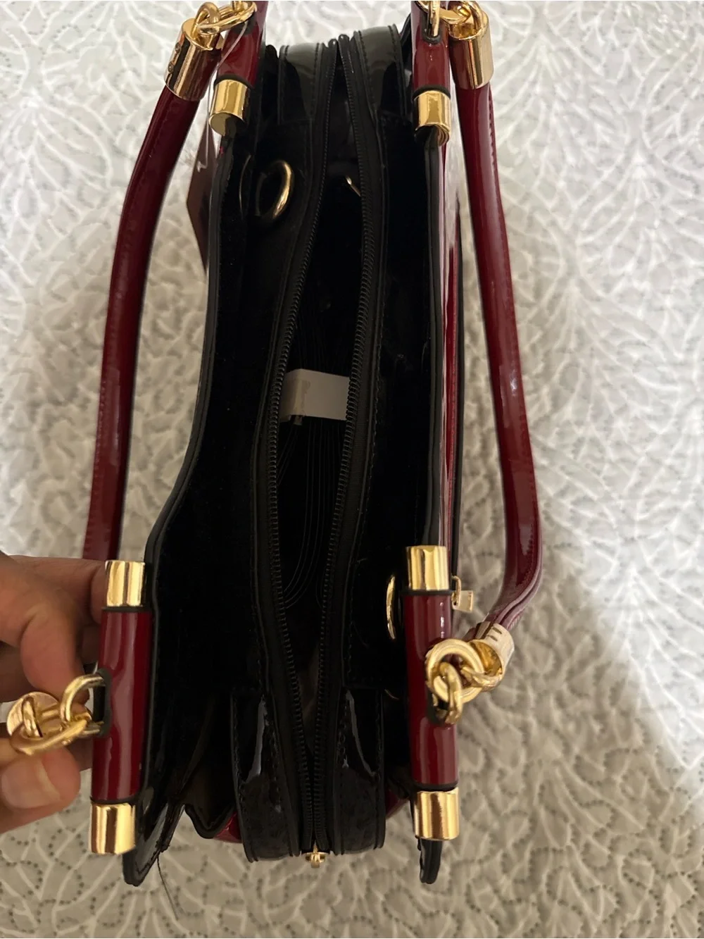 Patent Two-Tone Top-Handle Satchel in Black & Red